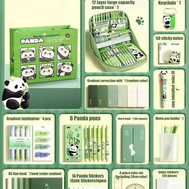 Panda School Supplies Stationery Set Cute Studying Supplies Stationery Set Ruler Notebook Keychain Pens Pencil Case Tab Stickers