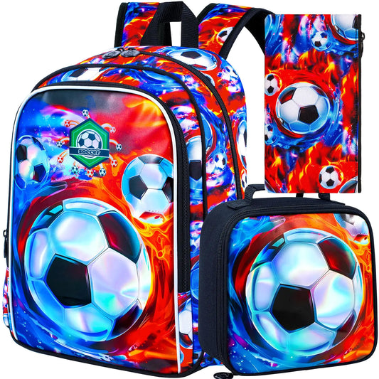Soccer Backpack for Boys 16" Kids Bookbag with Lunch Box 3Pcs Football School Backpacks for Elementary Preschool Kindergarten (Fire and Ice)